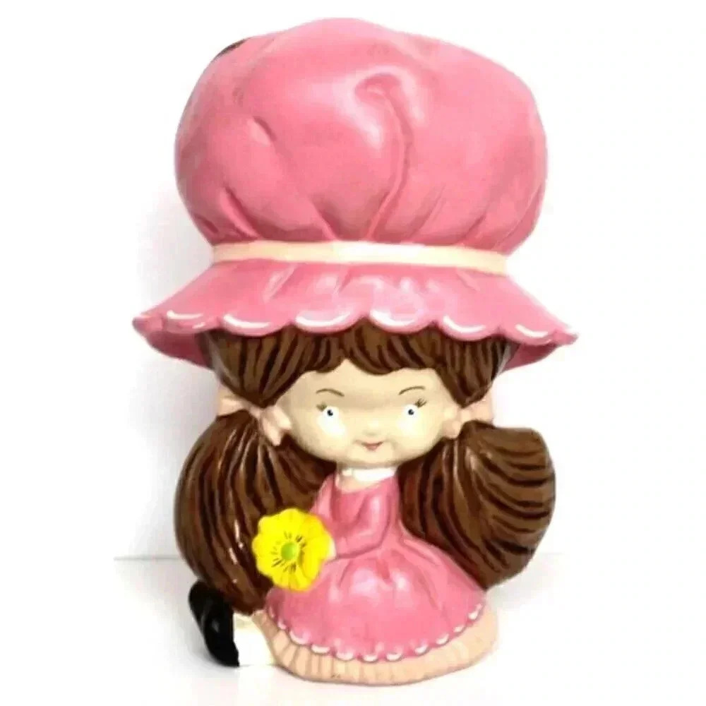 VTG 1970s Big Bonnet Girl Figure BROWN Hair Ceramic Statue Flowers Coin Bank